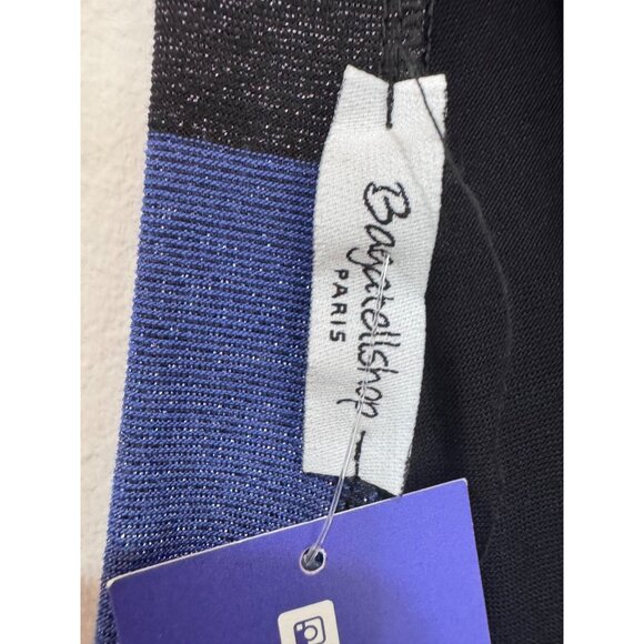 Striped Pleated Midi Dress With Tie Back Detail Black & Blue Size M - Picture 7 of 10